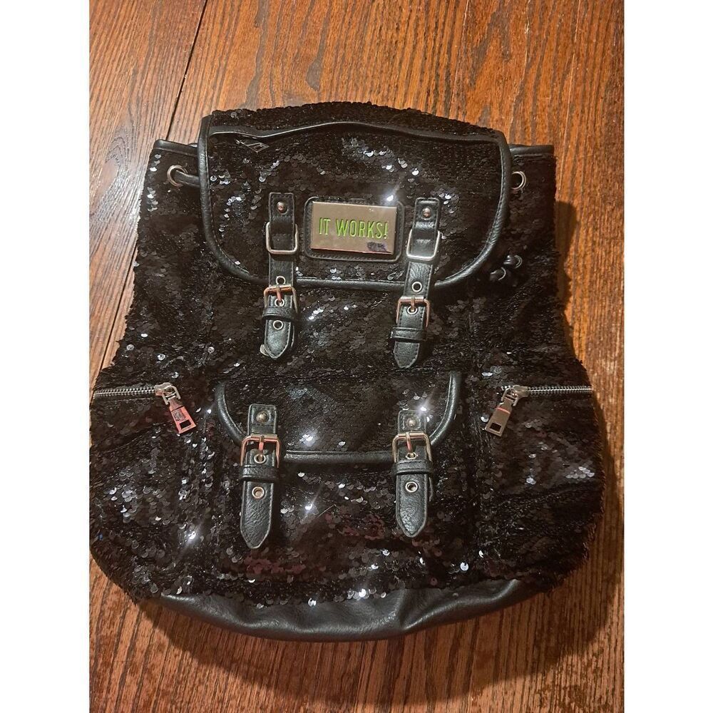 It Works Black Sequin Leather Adjustable Backpack Two Outer Side Compartments